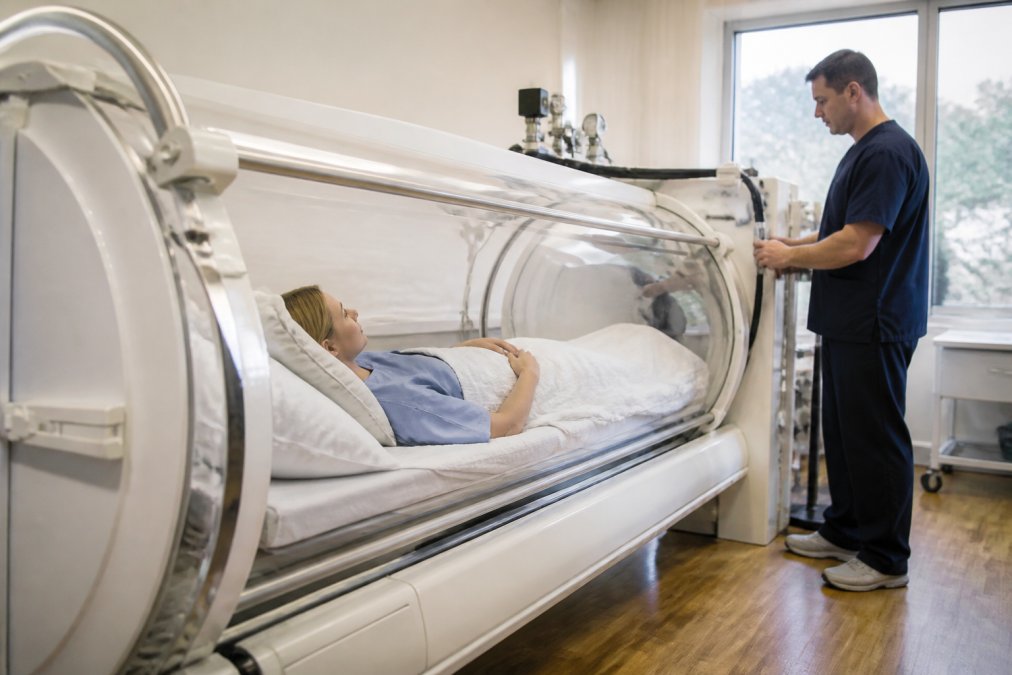 Patient reclining in a clear hyperbaric oxygen therapy chamber while a technician monitors the clinical equipment