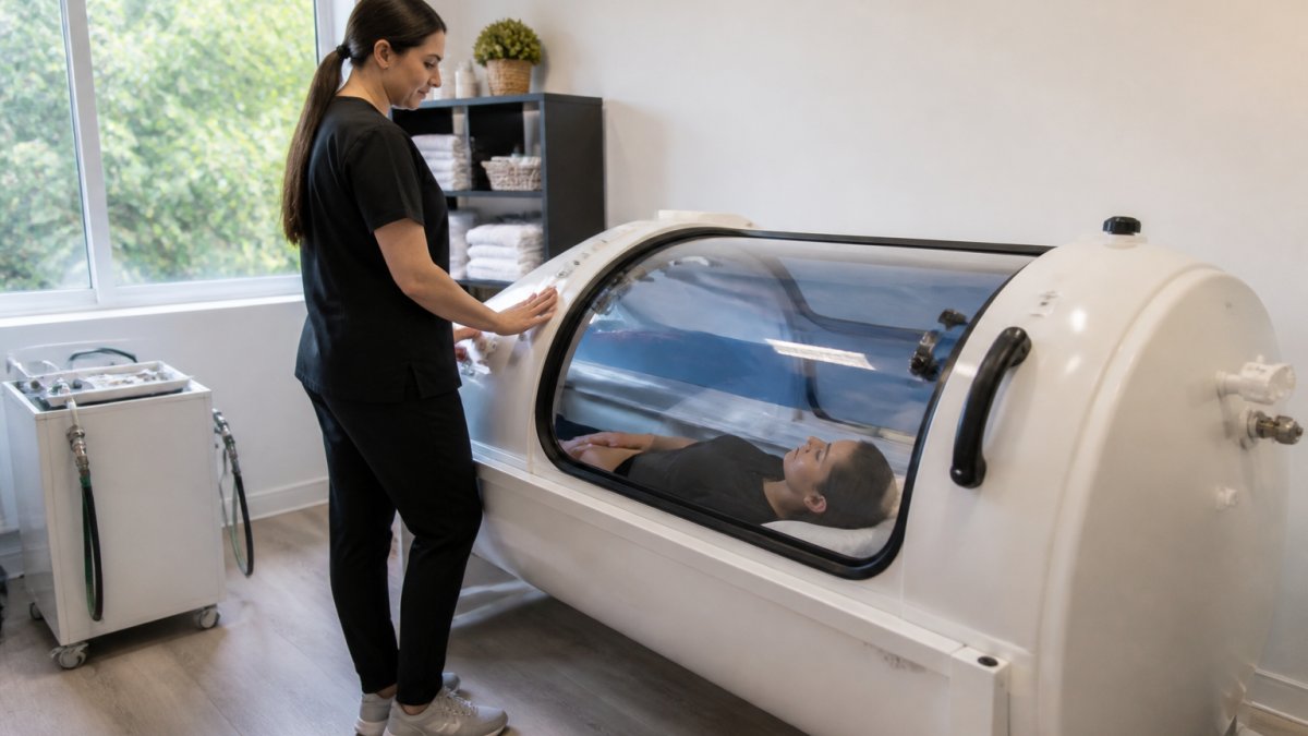 Professional demonstrating hyperbaric oxygen therapy worth it for med spas technique in modern clinical setting with natural lighting