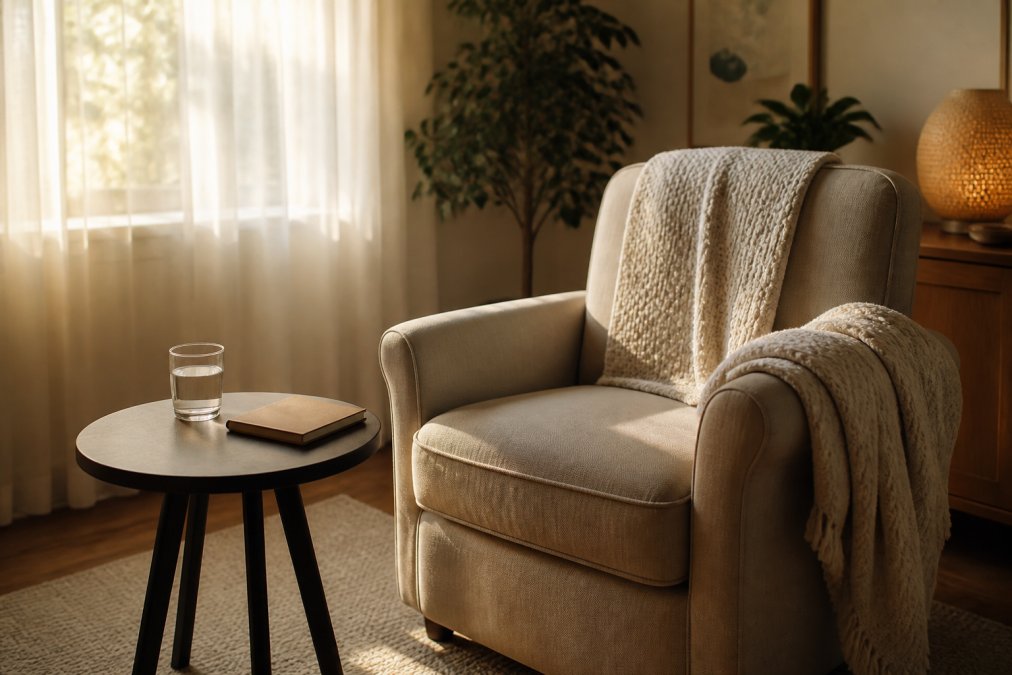 A calm, softly lit therapy room with a comfortable armchair, a small side table holding a glass of water and a closed notebook, warm afternoon light through sheer curtains