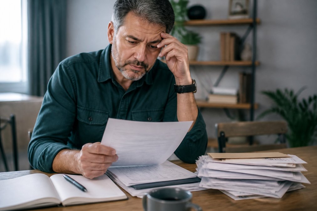Professional reviewing financial documents and credit report on laptop with notebook and pen, concerned expression, home office setting