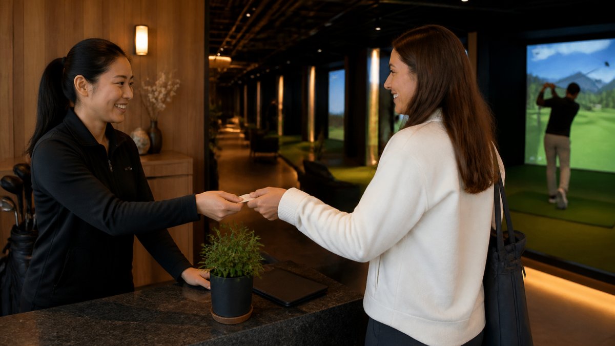 A friendly staff member welcoming a newcomer to an indoor golf facility, showing why is indoor golf good for beginners.