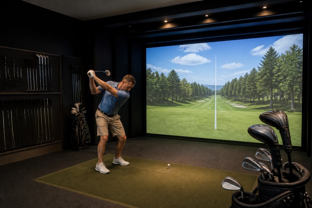 Golfer in a private climate-controlled bay at an indoor facility, focused on their swing form while viewing a large screen displaying Full Swing simulator data with metrics like club head speed and ball trajectory, modern lighting highlighting the technology setup