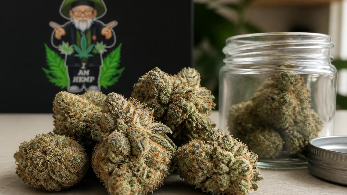 Dense, frosty hemp flower buds with orange hairs resting next to a small glass jar on a neutral surface