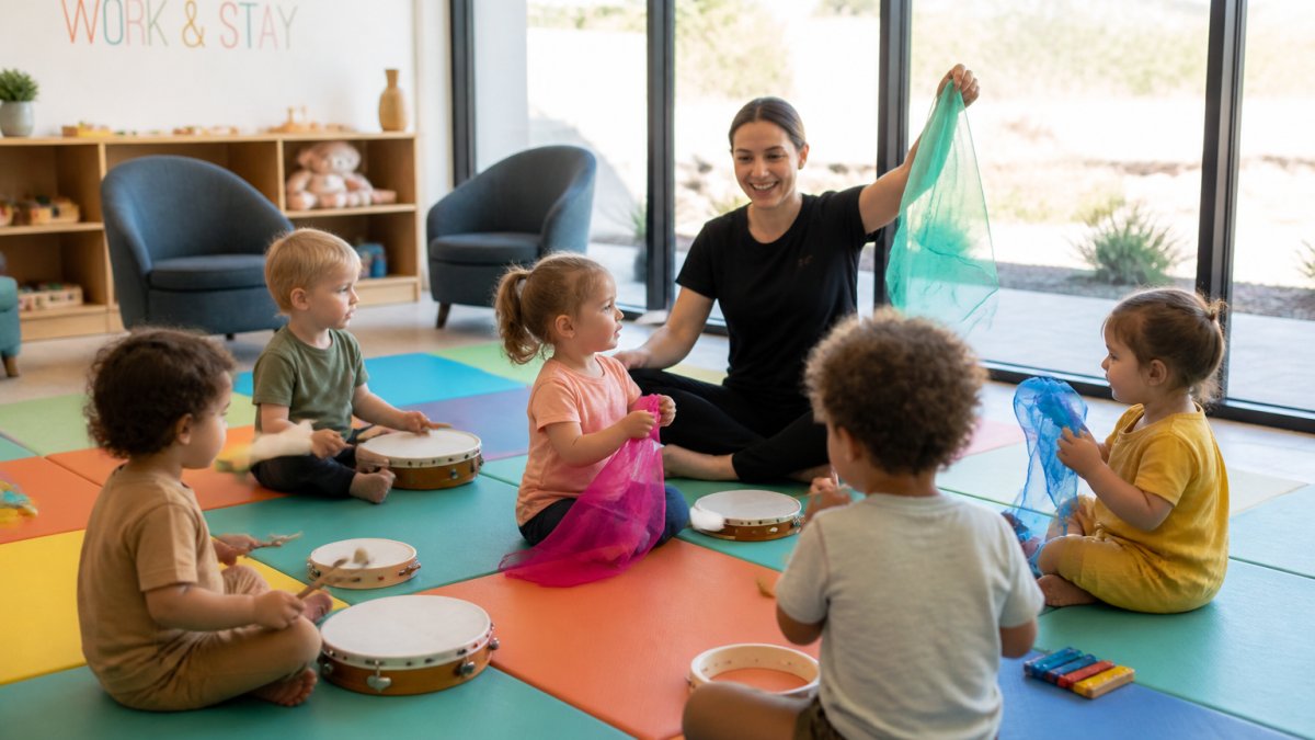 Toddlers using instruments in a guided music class to see if is indoor play worth it for toddlers in a bright room.