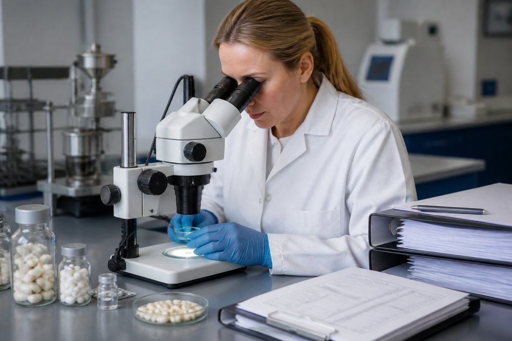 Professional laboratory technician examining supplement capsules and vials under high-magnification microscope in a modern quality control facility, with testing equipment, documentation, and compliance records visible on desk