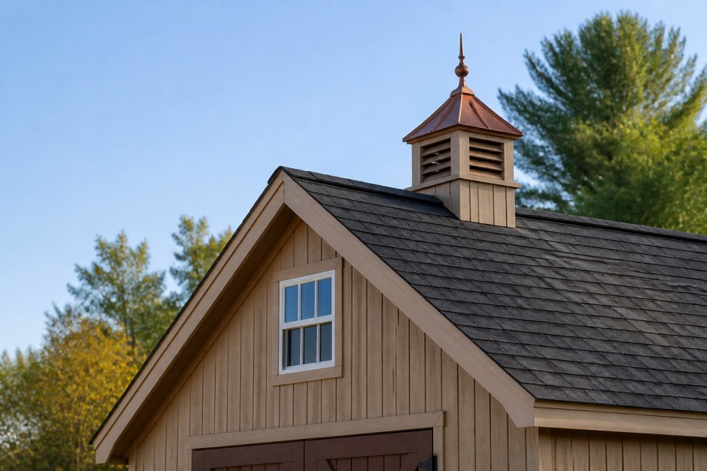 Diagram illustrating the structural components of a handcrafted cupola on a shed roof peak.