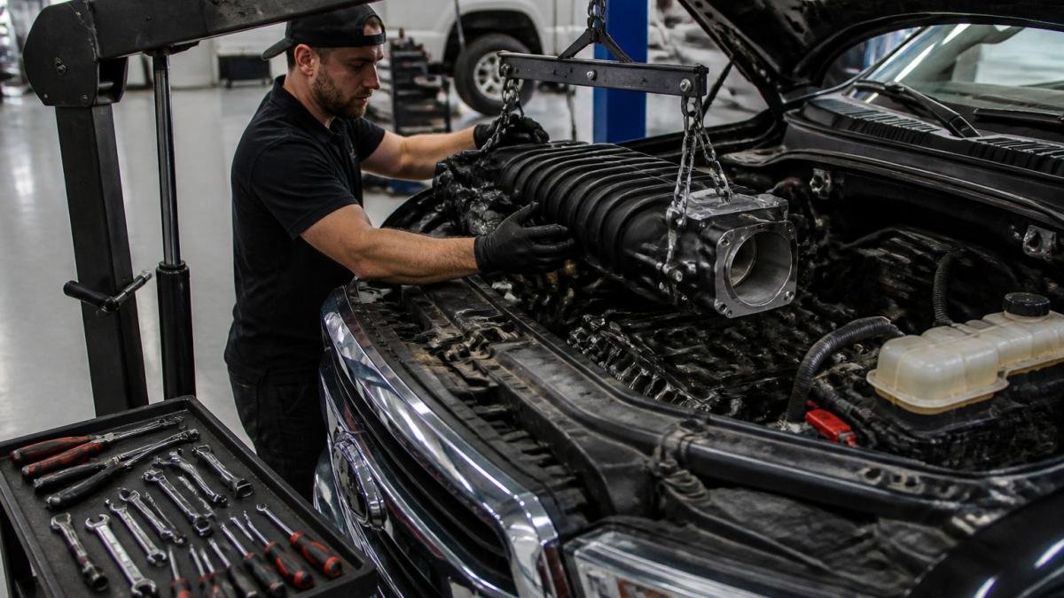 A mechanic in a clean shop bay guiding a Whipple twin-screw supercharger down into the valley of a Ford F-150 5.0L engine with a hoist, tools laid out on a rolling cart nearby
