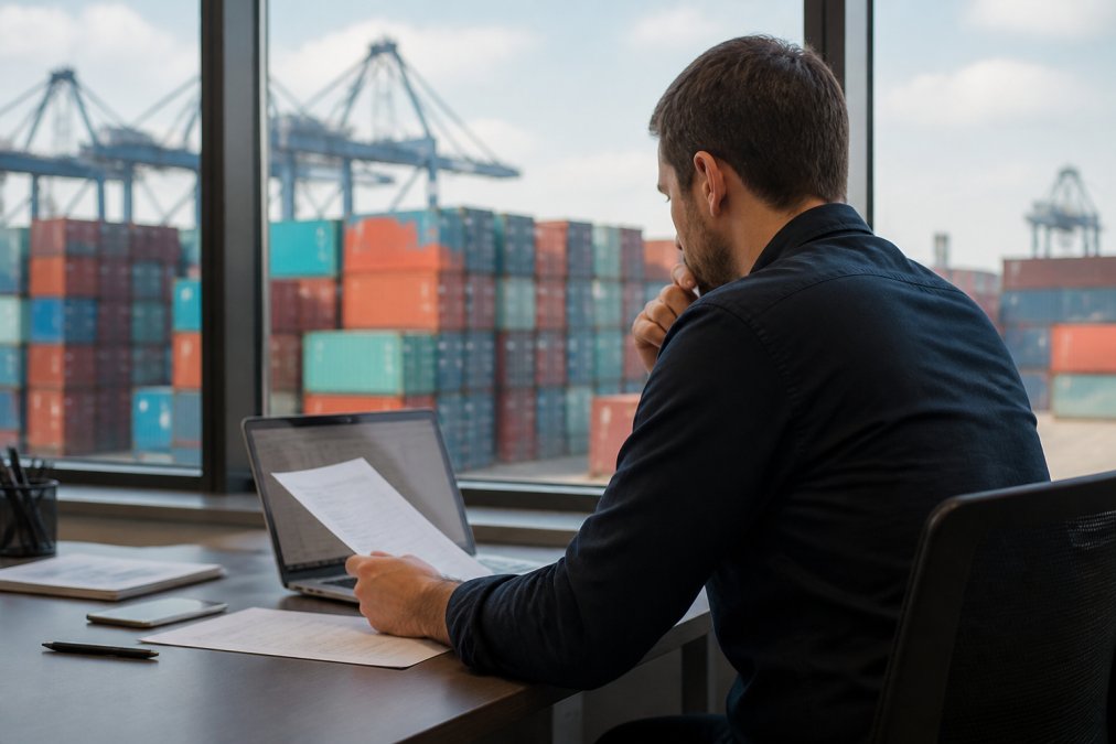 Logistics professional reviewing shipment details on a computer screen in a modern office, with shipping containers visible through a window behind