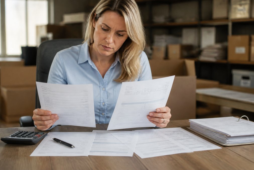 Supply chain manager examining printed freight documents and shipping paperwork at a desk with a calculator and pen nearby