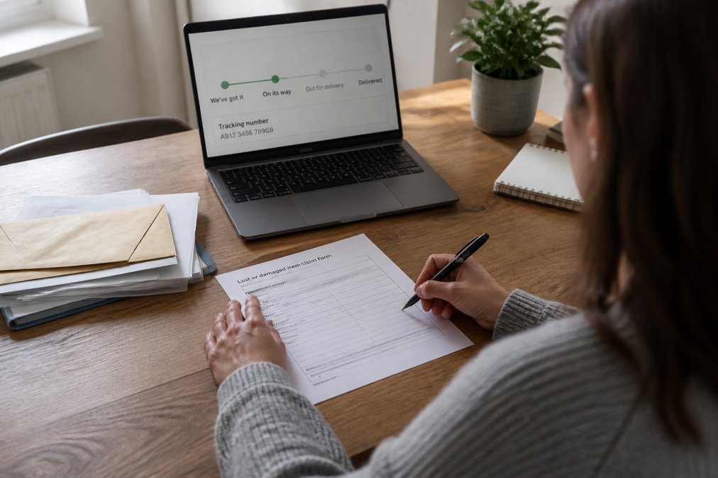 Person at organised desk filling out a claim form with laptop showing tracking number, documents and pen visible in natural office lighting