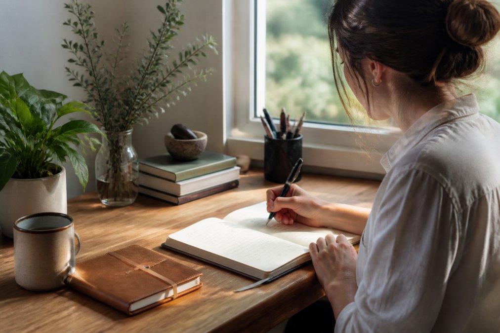 Person sitting at a wooden desk with an open journal, coffee mug, and notebook in natural daylight streaming from a nearby window, writing down goals and core values