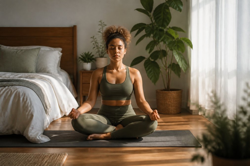 Person meditating on a yoga mat in a calm, minimalist bedroom with potted plants and soft natural light coming through sheer curtains