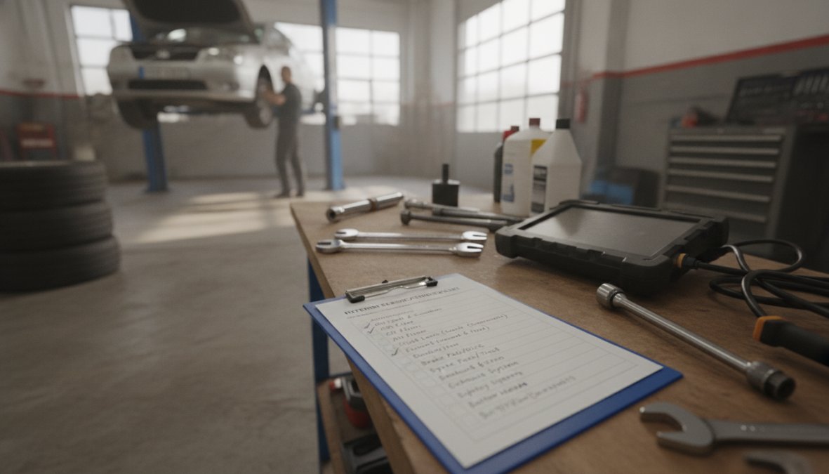 A mechanic in a workshop wearing overalls draining engine oil from a car on a ramp, with oil filter tools and a diagnostic tablet visible on the workbench beside the vehicle