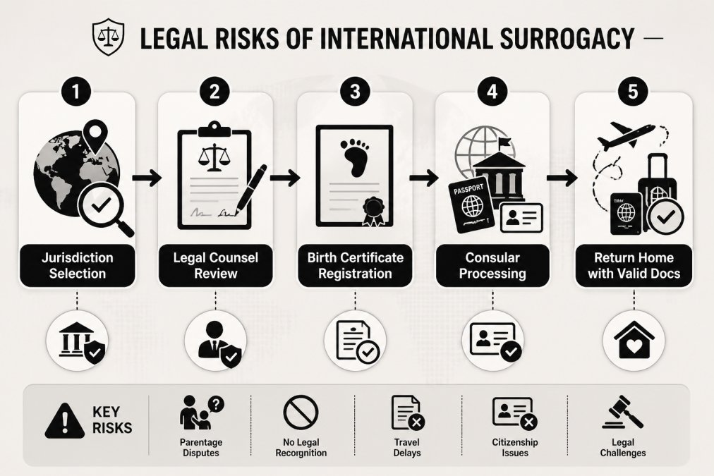 Professional illustration showing Risk, Jurisdiction, Legal, Birth for is international surrogacy legal for singles