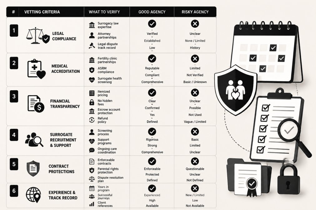 Visual comparison chart showing Comparison, Legal Compliance, Medical Accreditation, ASRM for international surrogacy safe