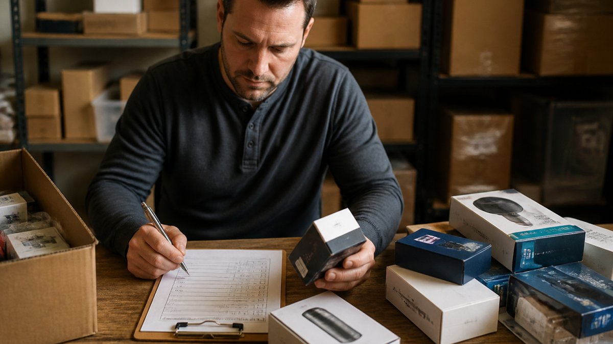 Reseller sitting at desk with partial product boxes and printed checklist, carefully inspecting items and taking notes with natural office lighting