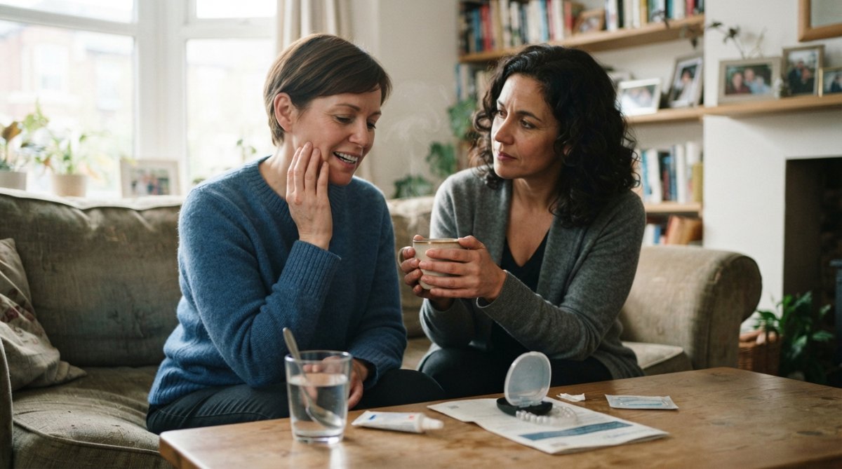 Adult patient holding a cold compress to their cheek, sitting comfortably at home with a glass of water and over-the-counter pain relief nearby