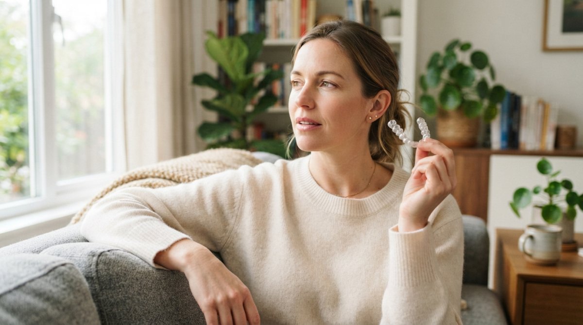 A calm adult woman in her thirties holding a clear aligner tray near her face, looking thoughtful and relaxed in a bright, modern living room with soft natural light from a window