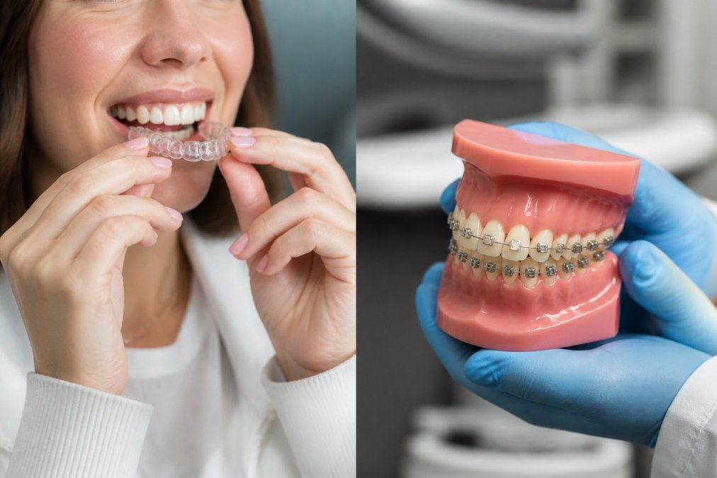 Professional demonstrating clear aligner placement in modern clinical setting with natural lighting