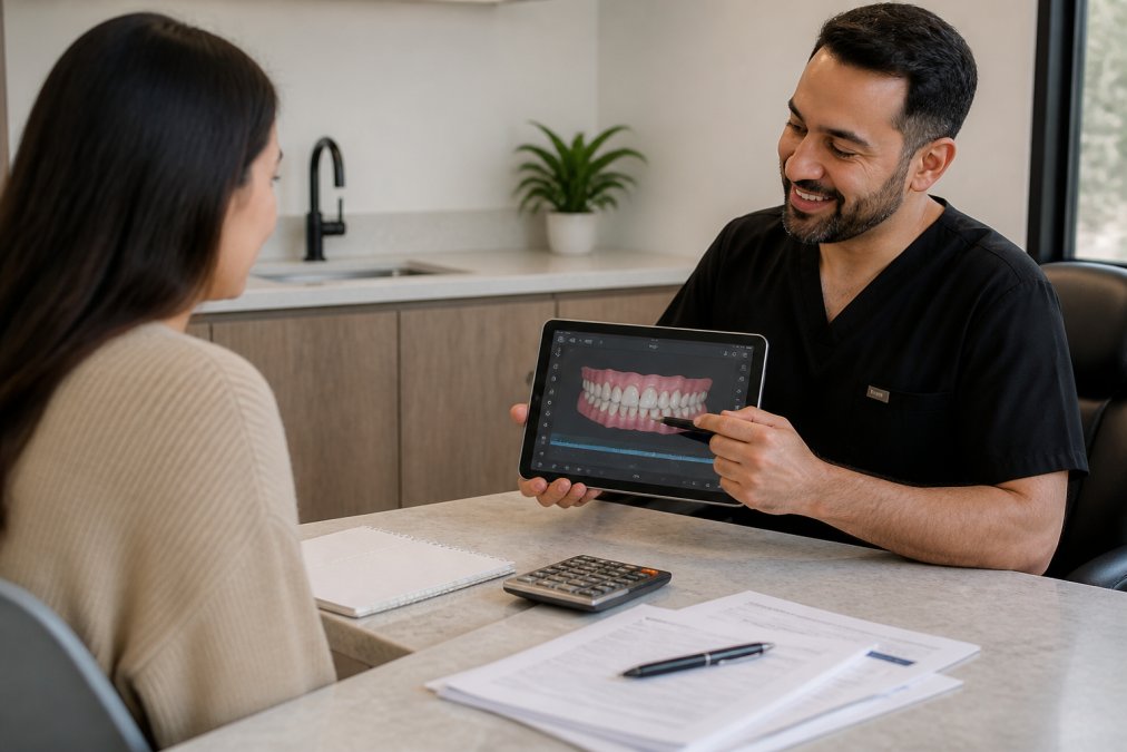 A calm dental consultation room with a patient and dentist reviewing a clear aligner treatment plan on a tablet, showing a digital 3D scan of teeth on the screen, soft natural light, modern clinic setting