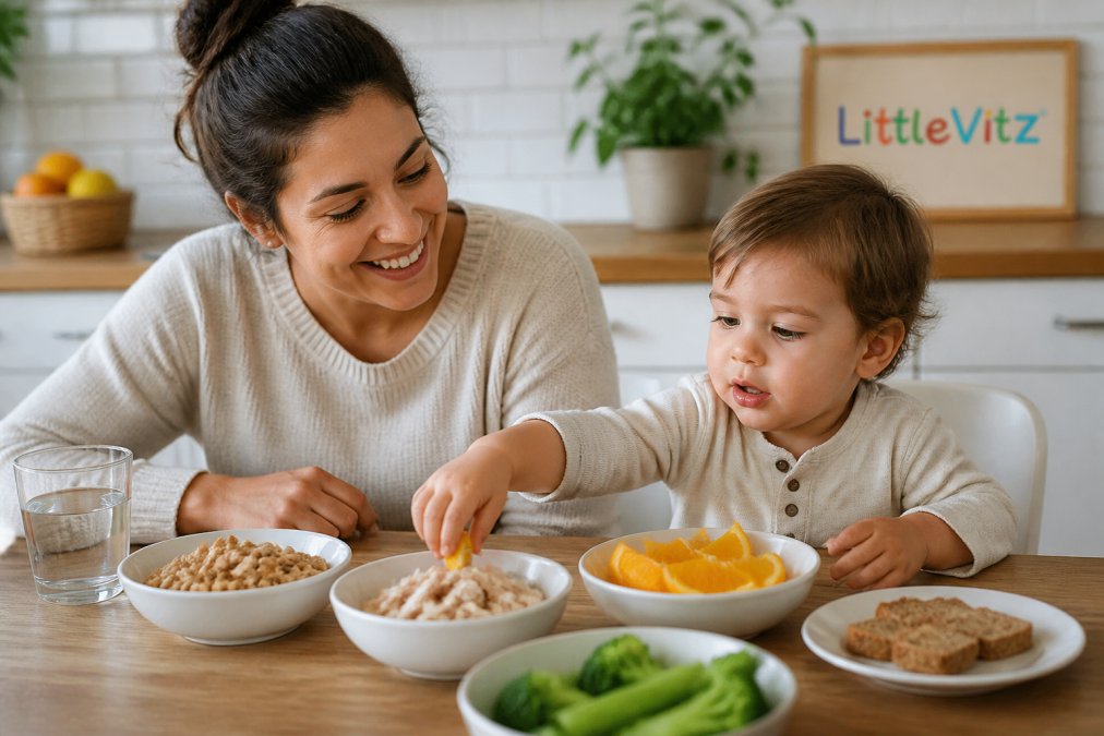A parent and toddler at a bright kitchen table, with small bowls of iron-rich finger foods like shredded chicken, fortified cereal, and orange slices. The toddler is reaching for a piece of food, and the parent is smiling warmly.
