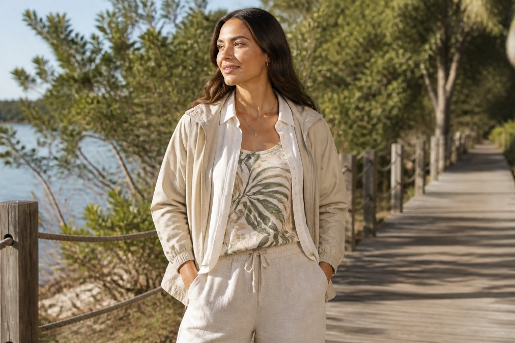 Woman wearing a lightweight linen shirt in cream layered over a botanical tank top with subtle leaf motifs, paired with neutral linen pants and a lightweight windbreaker, standing in natural sunlight with relaxed posture on a boardwalk