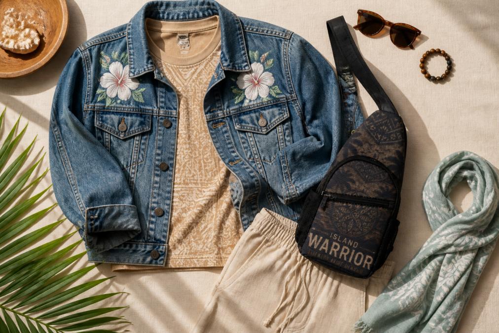 Close-up of a styled outfit featuring a tribal-inspired tee layered under a denim jacket with hibiscus embroidery, paired with neutral linen pants and an Island Warrior chest bag, arranged with accessories like sunglasses and a lightweight scarf on a neutral background with natural side lighting