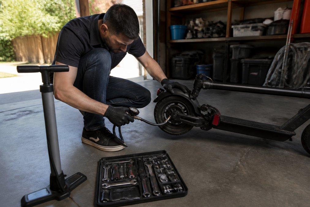 A person crouching beside a folded electric scooter in a garage, checking tire pressure with a handheld gauge, tools and a pump on the floor beside them, natural daylight from an open door