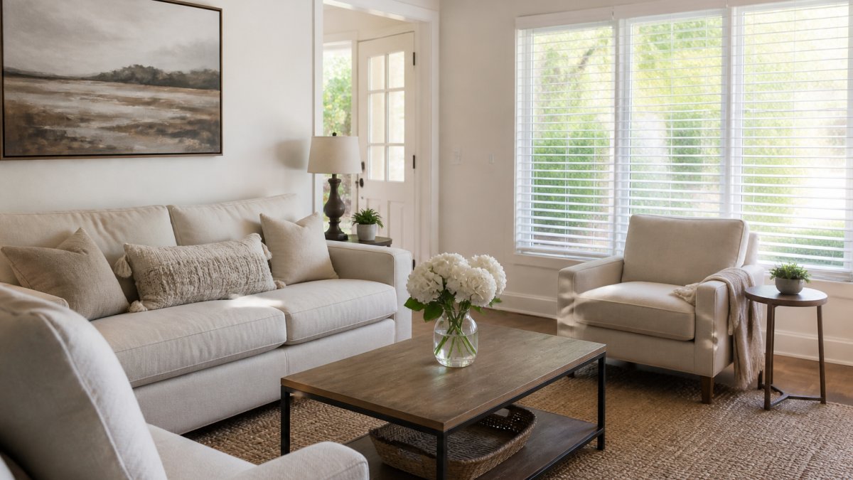 A bright, freshly decluttered living room with neutral furniture, natural light through open blinds, and a small vase of flowers on a coffee table, staged for a home showing