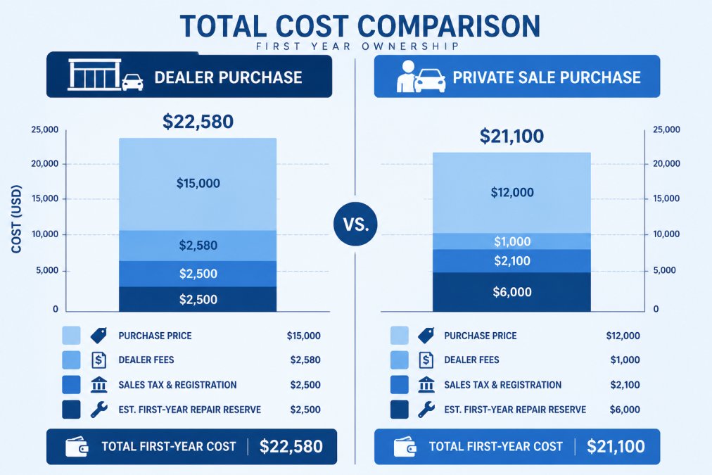 Stacked bar chart comparing total cost components for a dealer purchase versus a private-sale purchase: purchase price, dealer fees, sales tax and registration, and estimated first-year repair reserve, showing how a lower private-sale sticker price can be offset by reconditioning and repair risk