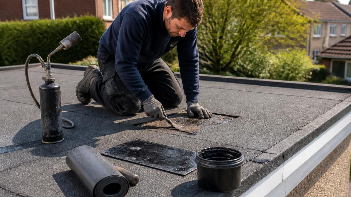 Roofer inspecting a garage felt roof with materials ready for a flat roof coating application