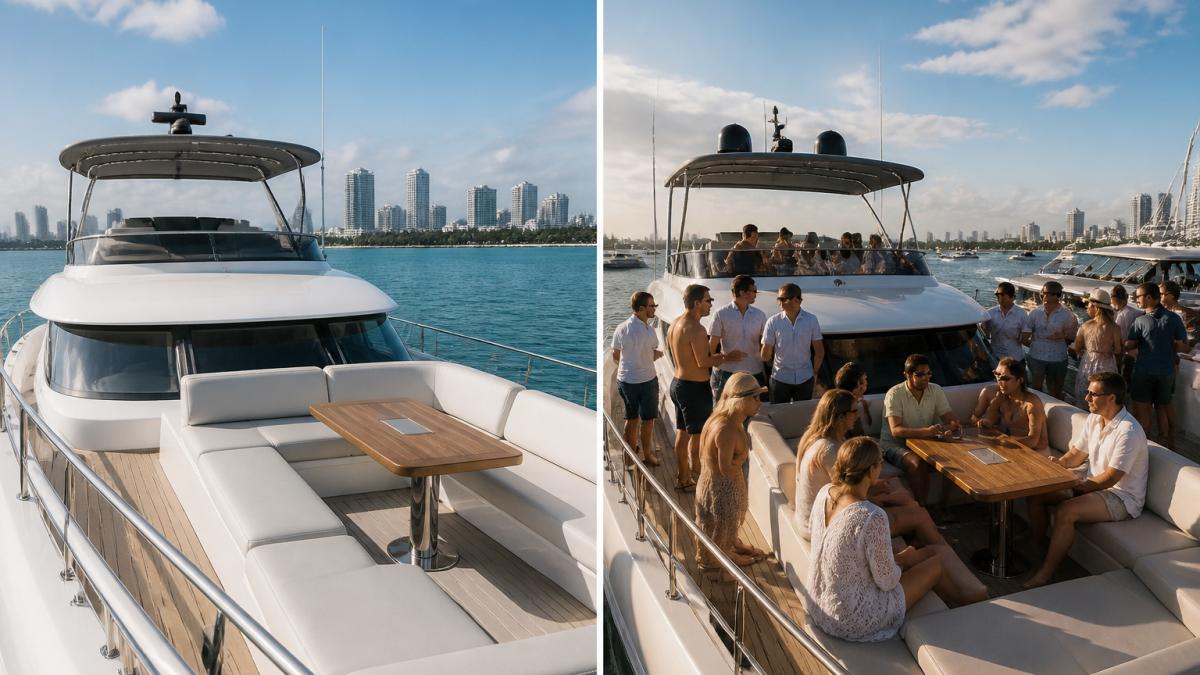 Luxury yacht anchored in calm blue waters during a weekday morning, with minimal crowds visible on deck and a serene Miami coastline in the background