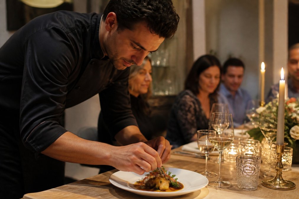Professional private chef plating an elegant finished dish at an intimate dinner table with guests enjoying the meal in warm candlelit ambience in the background