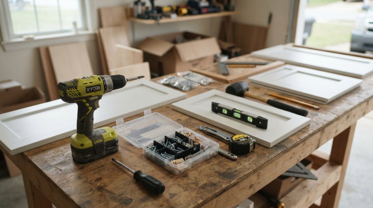 Organized collection of essential tools laid out on a wooden workbench, including a cordless drill driver, rubber mallet, level, bar clamps, measuring tape, and a hardware kit in a metal tray, ready for cabinet assembly