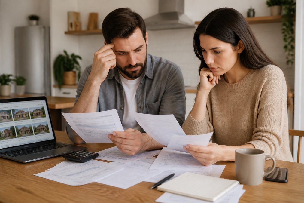 Young couple reviewing mortgage documents and financial statements at their kitchen table, looking thoughtful and focused, with papers spread across the table and a laptop displaying real estate listings