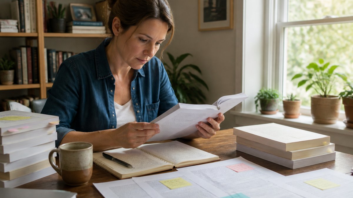 Author at desk reviewing printed advance copies of their book, surrounded by notes and reader feedback forms, natural window lighting