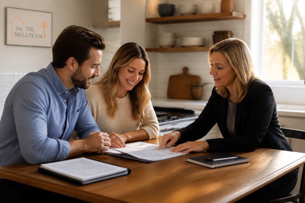 Step-by-step infographic showing a first-time home buyer reviewing mortgage documents with a loan officer.