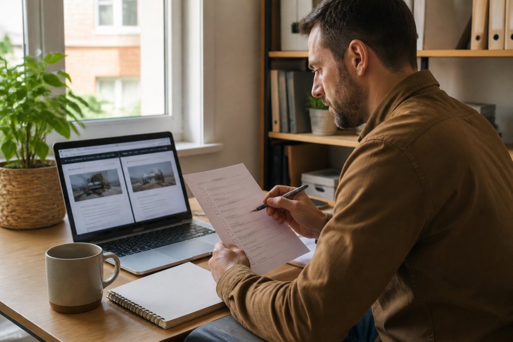 A small business owner reviewing a migration checklist on paper while comparing two browser tabs on a laptop, warm afternoon light in a home office