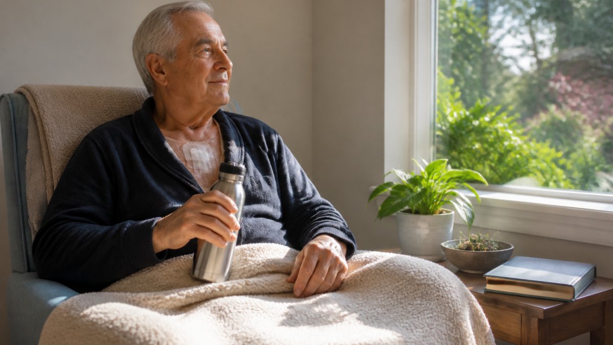 A heart surgery patient resting in a comfortable armchair by a sunny window, holding a stainless steel water bottle, with a soft blanket and a book nearby, conveying a calm and hopeful recovery moment at home
