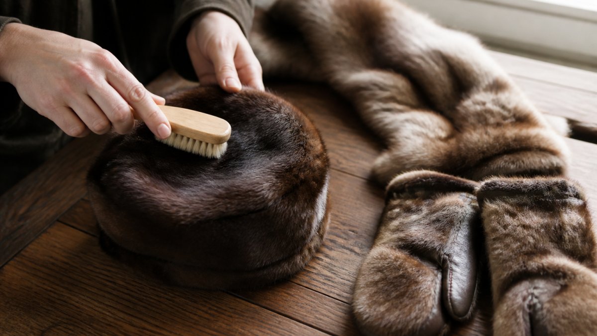 Close-up of a person's hands using a soft-bristle brush to gently stroke the nap of a brown fur hat resting on a wooden table, with a fur scarf and mittens nearby in soft window light