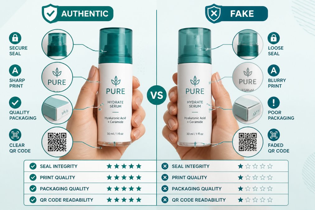 Close-up of hands holding two skincare bottles side by side, comparing packaging quality, label printing, and seal integrity under bright natural light