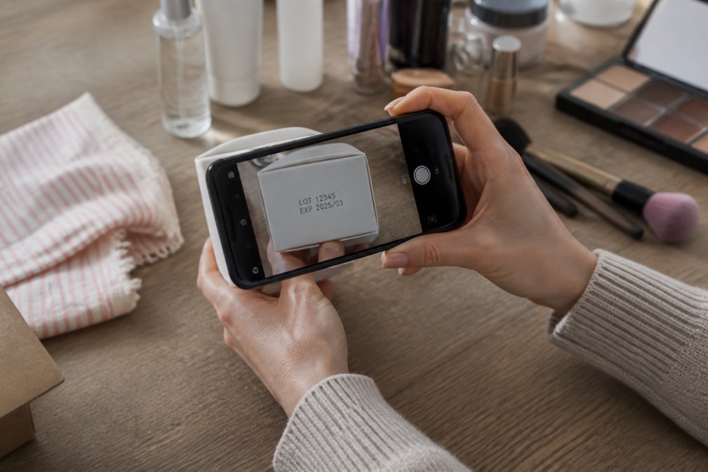 Close-up of a person's hands using a smartphone to photograph a batch code printed on a cosmetic product box, with the code clearly visible in the frame