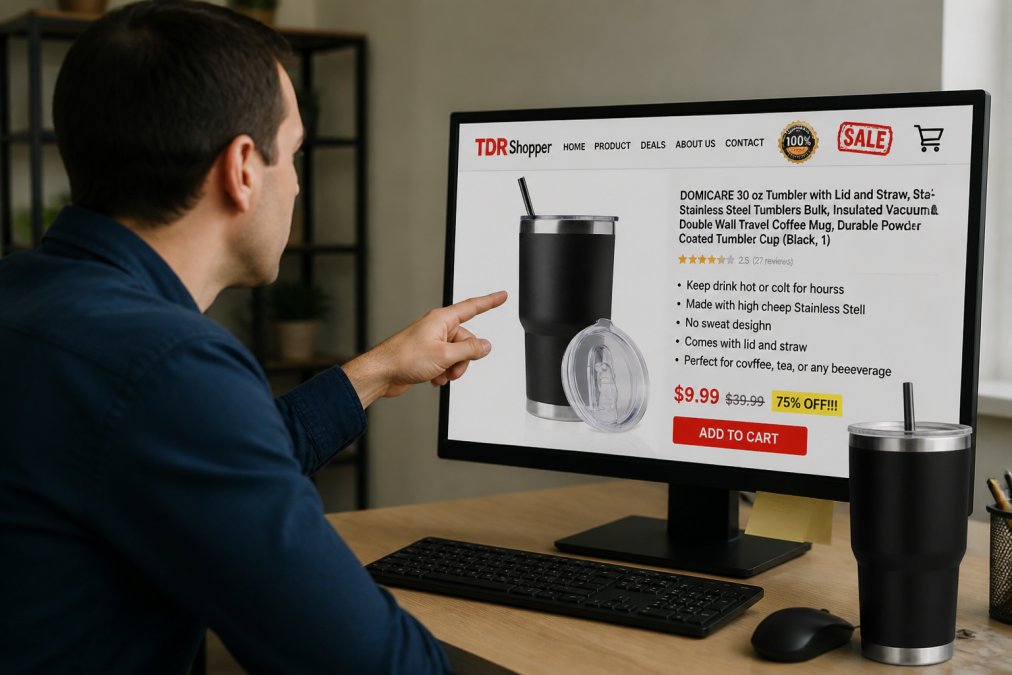 Person sitting at desk examining computer screen showing a poorly designed website with mismatched logos, pixelated images, and obvious spelling errors in product descriptions, with hand pointing at warning signs