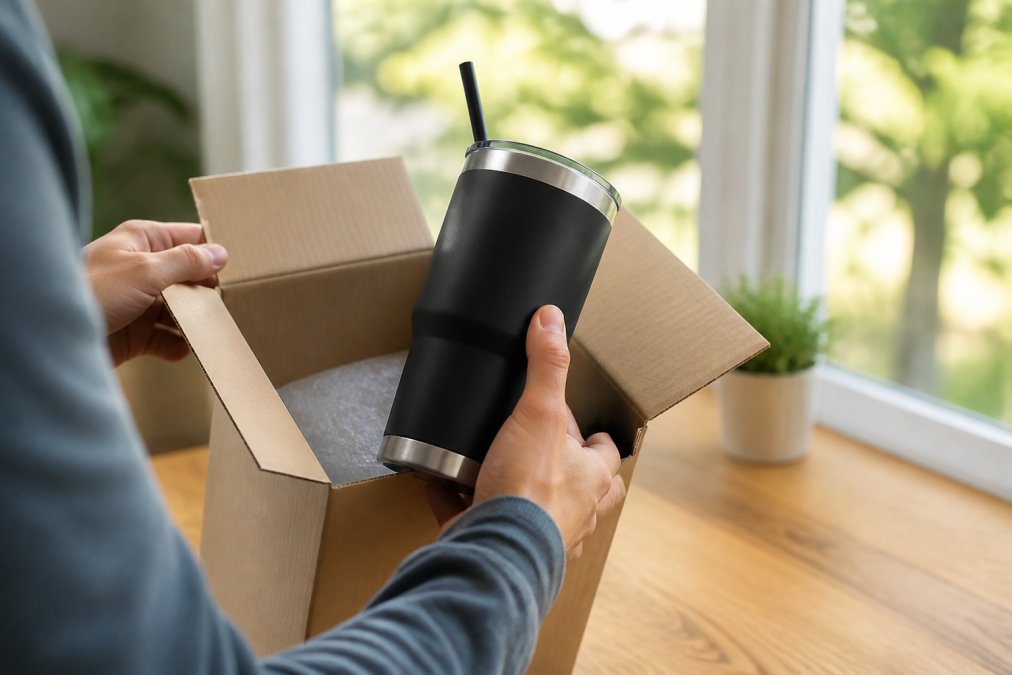 Hands carefully opening a product box, examining the serial number label on the device, checking for any signs of prior use or damage, with good natural lighting from a window