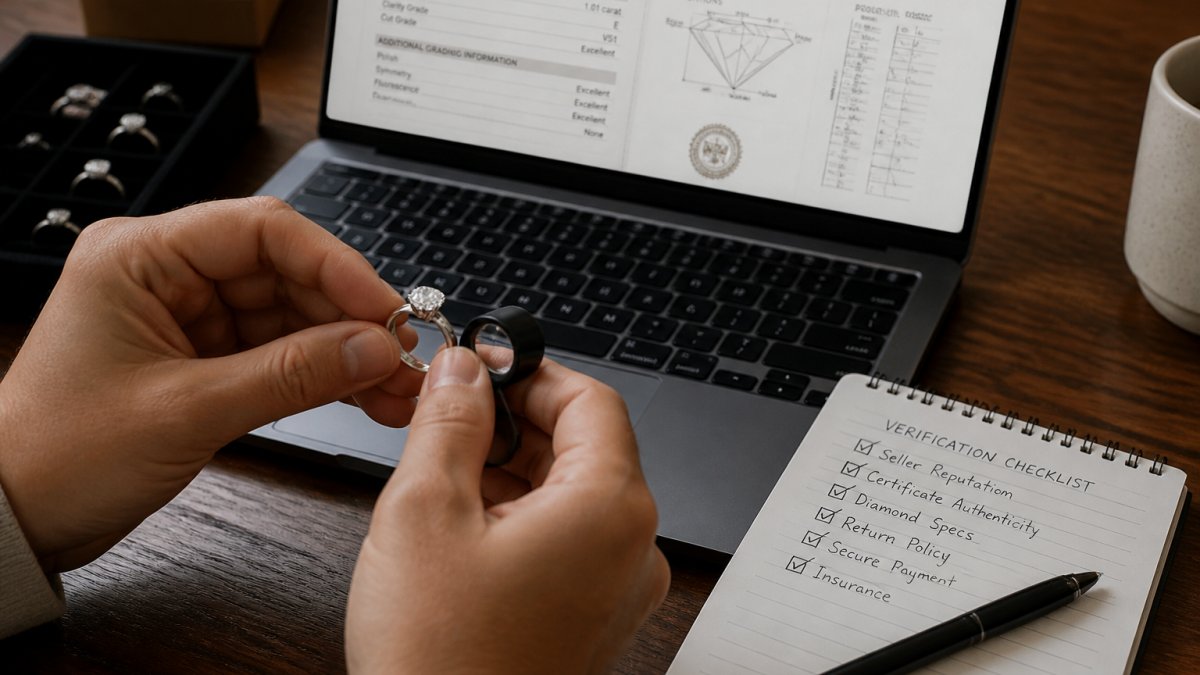 Checklist showing steps to verify diamond ring quality and grading certificates before buying jewelry online