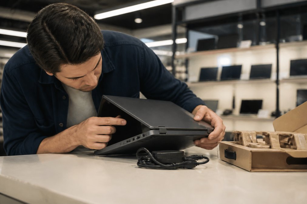 Shopper inspecting the screen and ports of open box electronics on a store counter with original packaging nearby