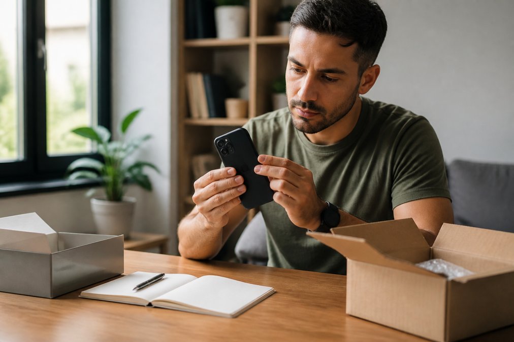 A person sitting at a clean desk, carefully inspecting a smartphone, with a notebook and pen nearby, natural light from a window, focused expression