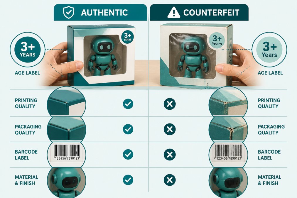 Infographic comparing authentic and counterfeit toy packaging features to help identify fake products.