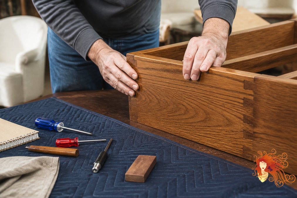 Close-up of hands examining a wooden furniture frame, checking dovetail joints and wood grain with careful attention to structural integrity and craftsmanship