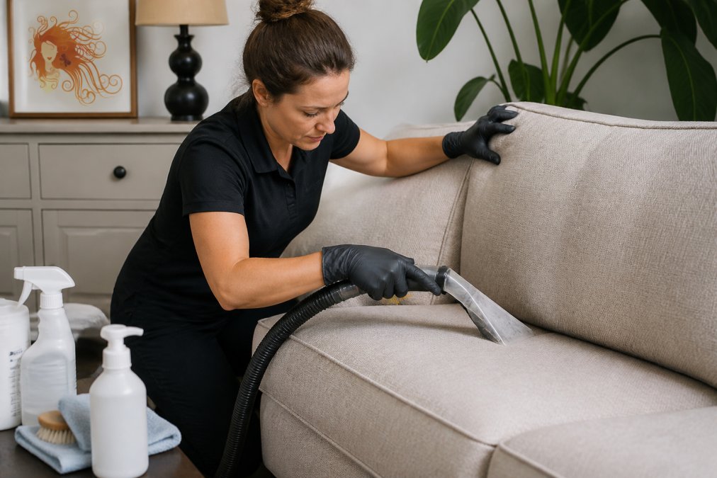 Person cleaning an upholstered sofa with professional-grade cleaning equipment and protective gloves, demonstrating sanitization techniques with careful attention to seams and crevices